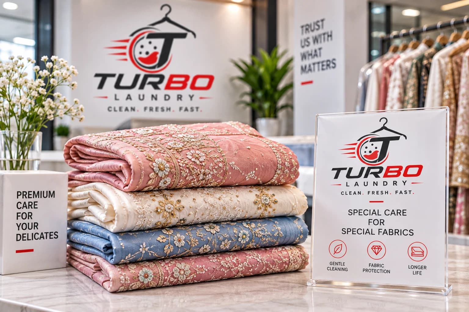 Delicate embroidered fabrics folded for premium laundry care