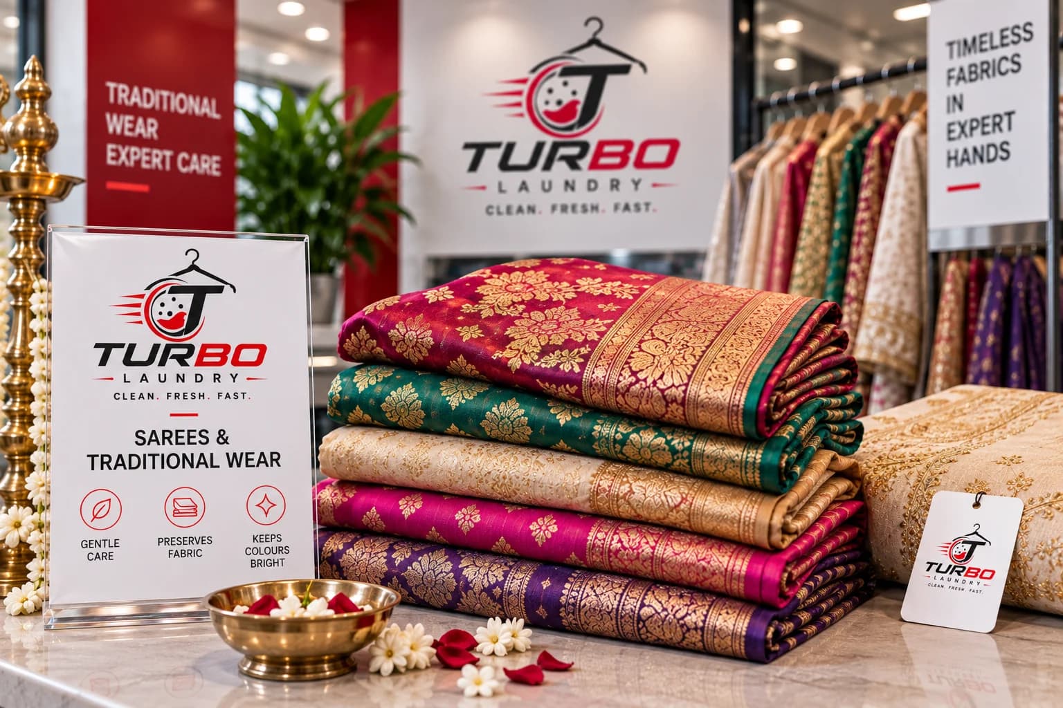 Folded silk sarees with zari embroidery