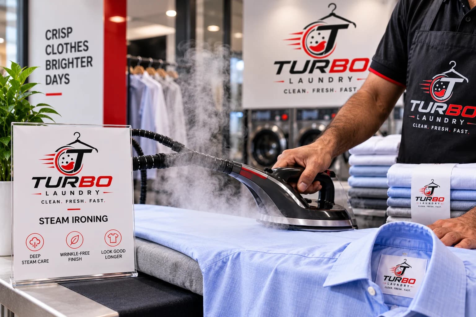 Steam ironing a shirt on a professional ironing table