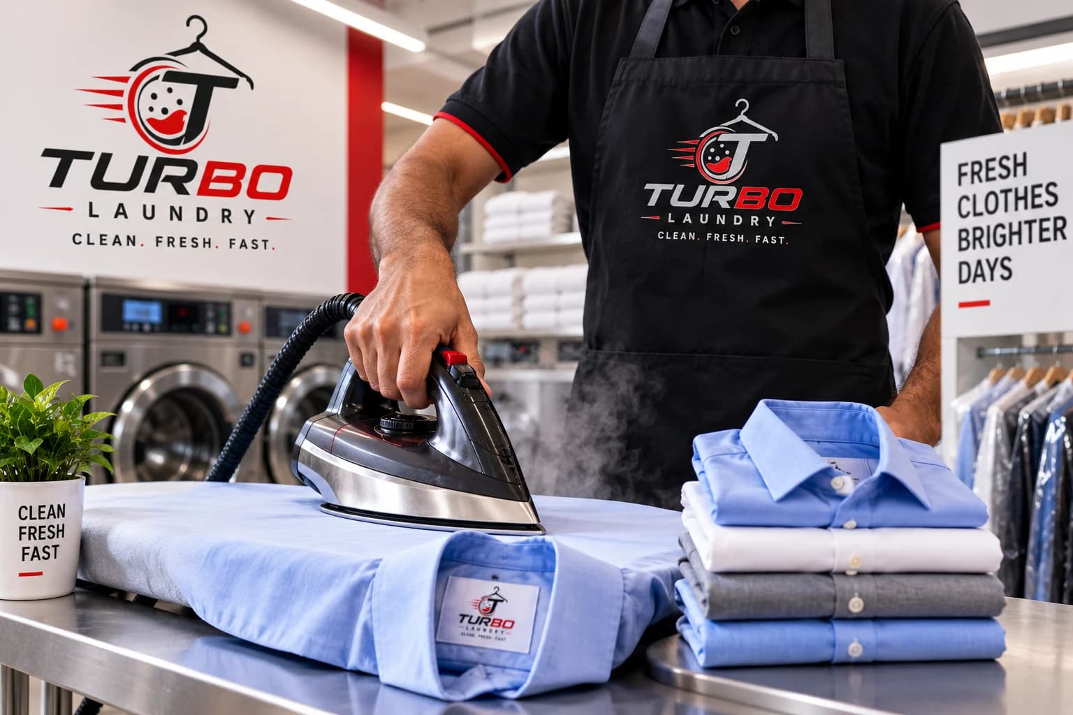 Turbo Laundry staff steam ironing a shirt